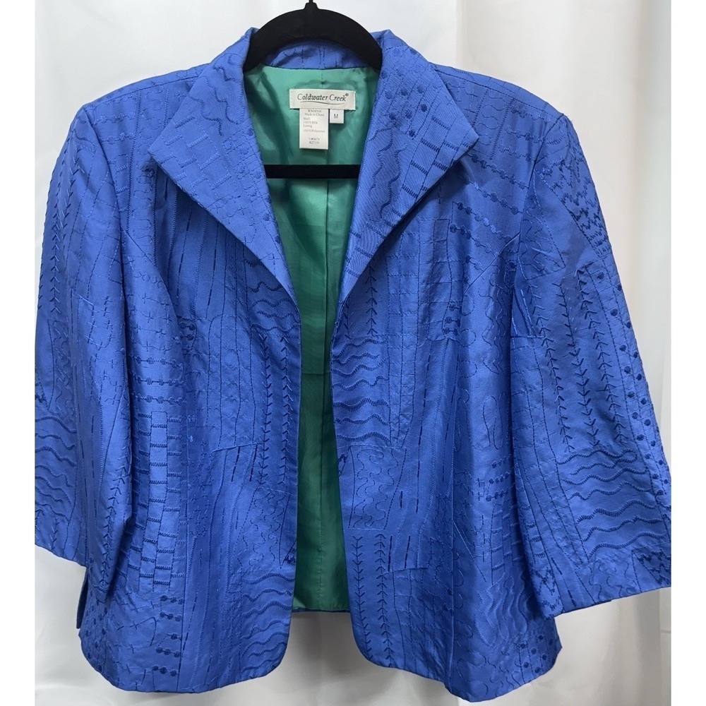 Coldwater Creek 100% Silk Jacket Blue Embroidered Open Front Blazer Sz Medium